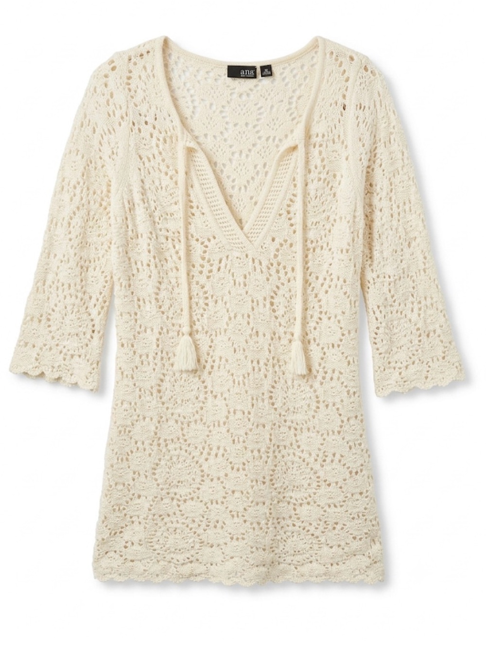 a.n.a Cream Crochet V-Neck Tassel Swim Coverup Tunic